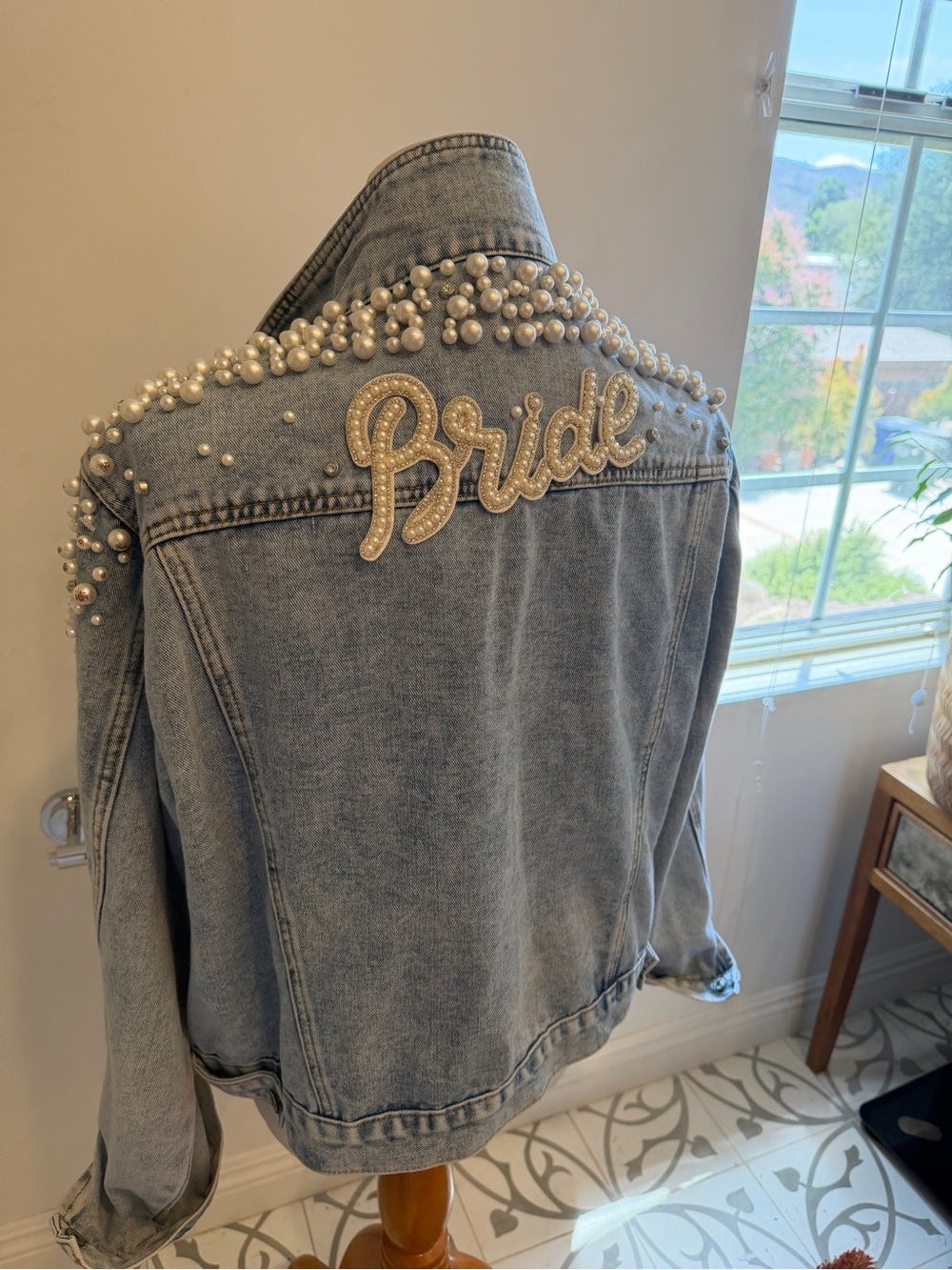 Bride pearl denim jacket for wedding or bachelorette party